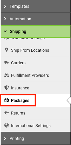 Settings sidebar with Shipping section open and Packages section highlighted.