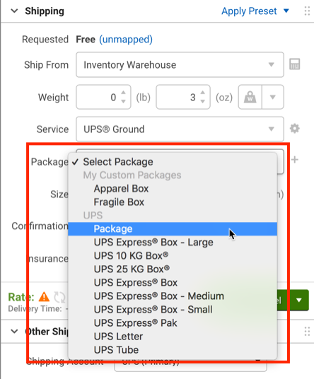 Configure Shipment Widget with a box highlighting the Package drop-down menu.