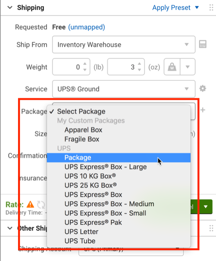 Widget de configuración de envíos con una casilla que resalta el menú desplegable Paquete.