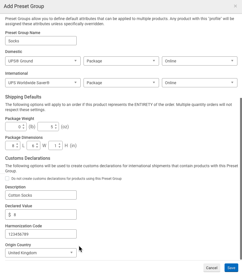 Add Preset Group details screen