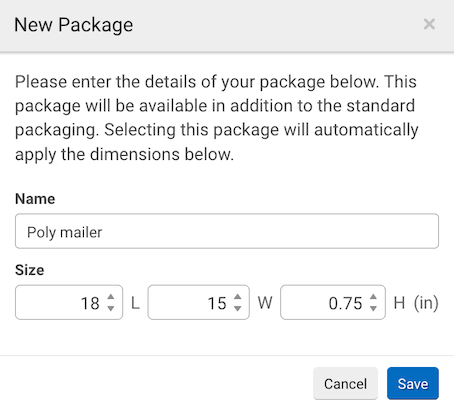 Pop-up „Neues Paket“. Hat Namensfeld und Drop-down-Menüs für Abmessungen. Schaltfläche „Änderungen speichern“.