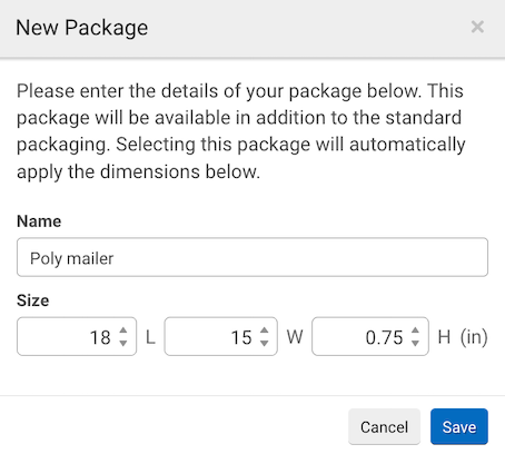 New Package popup. Has Name field & Dimensions dropdown menus. Save Changes button.