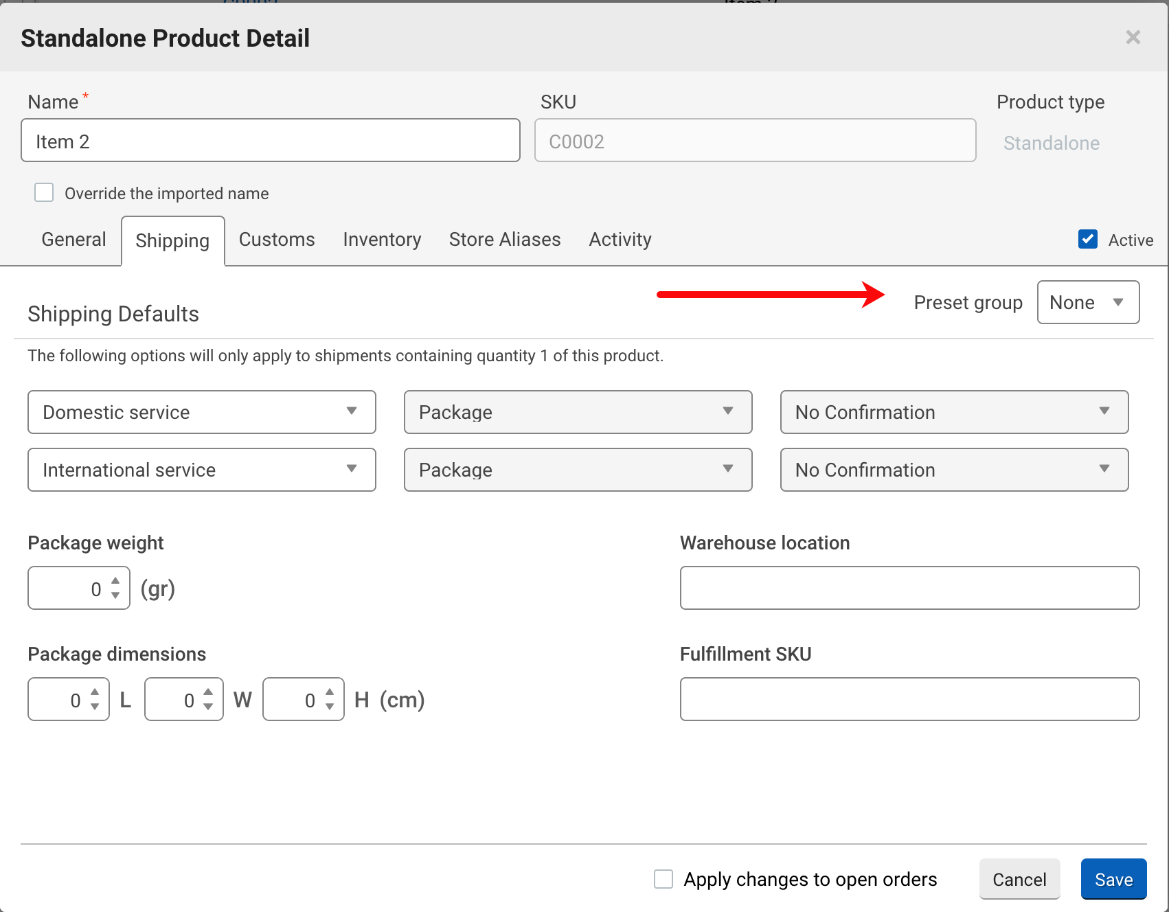 Shipping defaults tab with arrow pointed to Preset group dropdown.