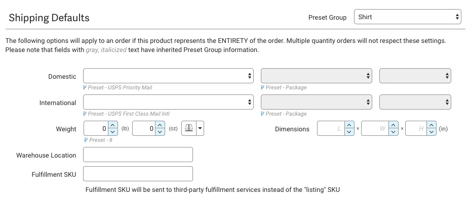 Product Details Shipping defaults Preset group applied.