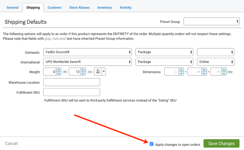 Shipping defaults tab with arrow pointing to Apply changes to open orders checkbox.