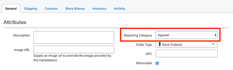 Allgemeine Registerkarte „Produktdetails“ mit hervorgehobenem Dropdown-Menü „Berichtskategorie“.