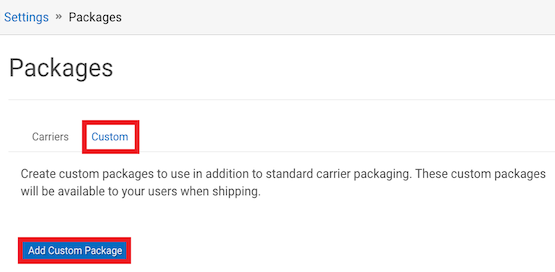 En Paquetes, la pestaña Personalizado se resalta y se marca Agregar paquete personalizado