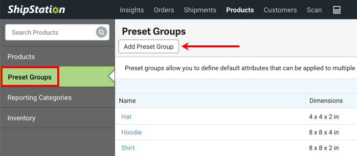 Menú V3 de la barra lateral de Productos con Grupos de preajustes seleccionados y la flecha apuntando al botón Agregar Grupo de preajustes.