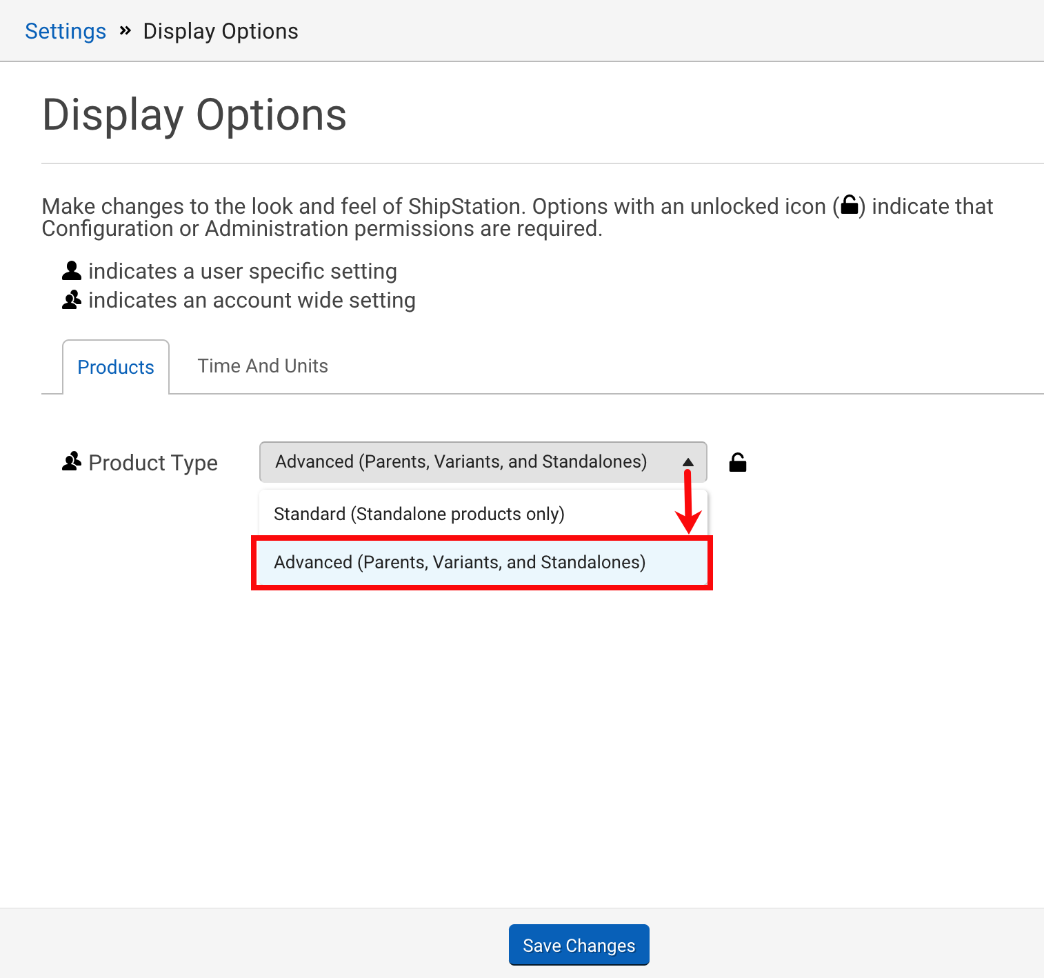 Settings, Account: Display Options. Products tab. Red box highlights Product type: Advanced