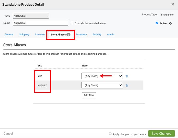 Standalone Product Detail popup. 1st box highlights Store Aliases tab, 2nd box, product Aliases. Arrow points to name default: (Any Store)