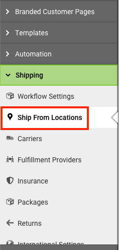 Settings sidebar with Shipping section open and Ship From Locations section highlighted.