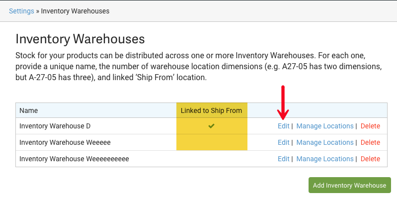 Inventory Warehouse Layout. Red arrow points to Edit action. Yellow highlights Linked to Ship From