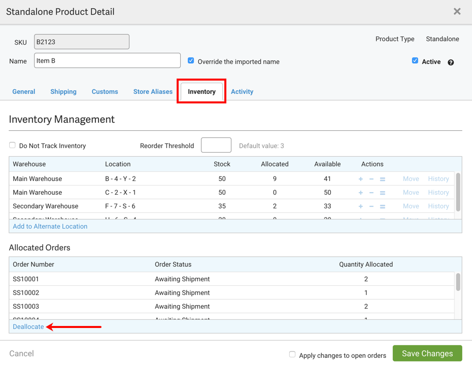 V3 Inventory tab with arrow pointing to Deallocate link.