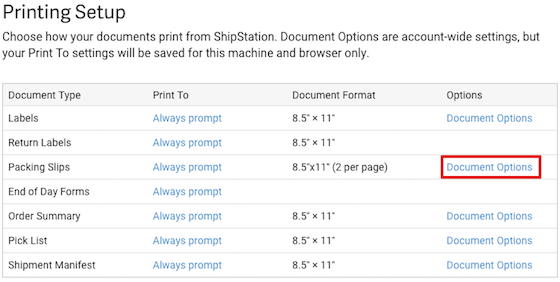 Printing Setup modal that shows the Document Options action marked for Packing Slips