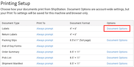 Página Configuración de impresión que muestra las Opciones del documento marcadas para el tipo de documento Etiquetas.