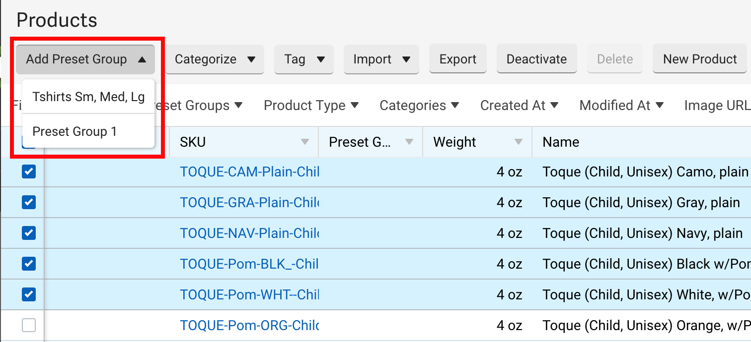 Product action menu with red box marking the Apply Preset Group action.