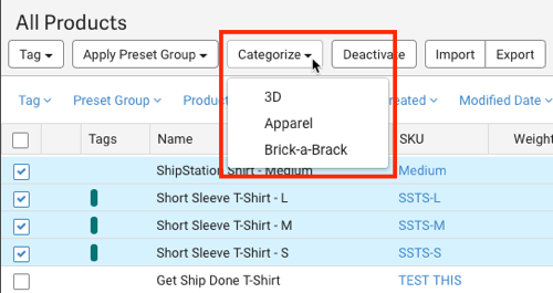 Produktaktionsmenü mit hervorgehobenem Dropdown-Menü „Kategorisieren“.