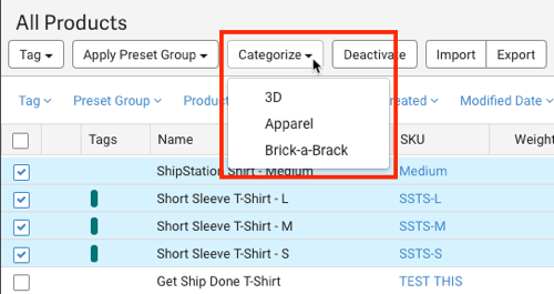 Product action menu with Categorize drop-down menu highlighted.