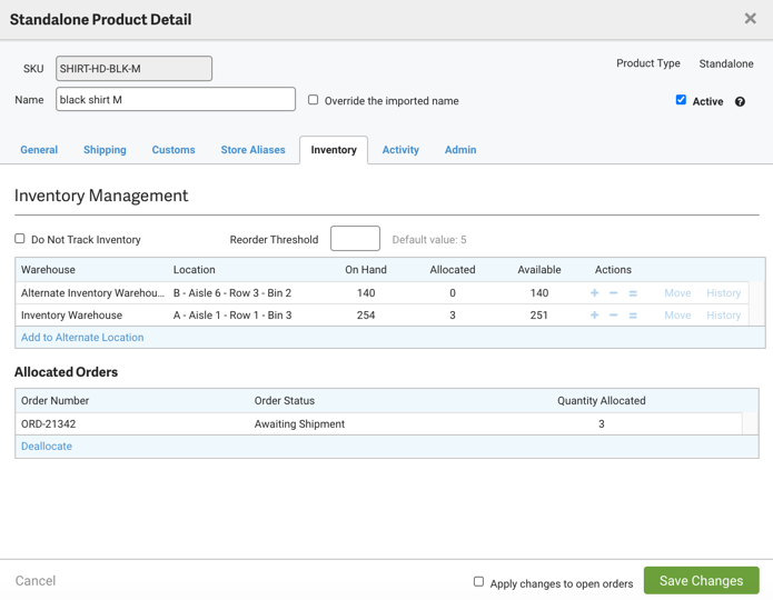 Product Details with Inventory section open, showing warehouse locations and allocated orders.