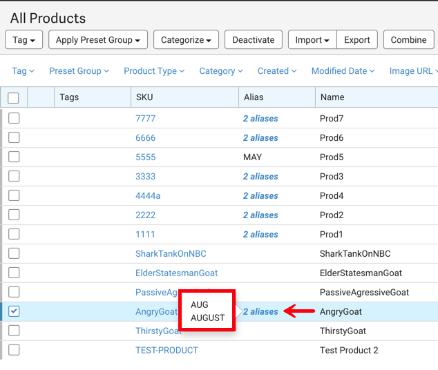 Products grid. Red box highlights a product's Aliases, seen via Alias count hover-over. Arrow points to Alias count in Alias column.