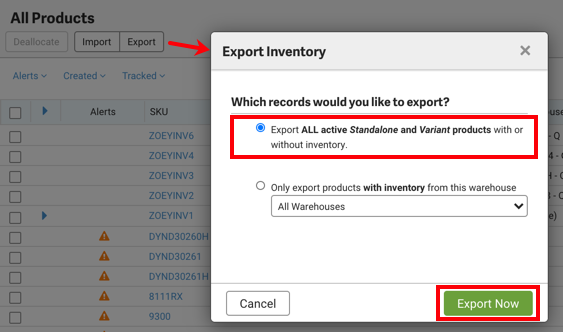 Export Inventory pop-up with Export All Active Standalone and Variant products with or without inventory highlighted.