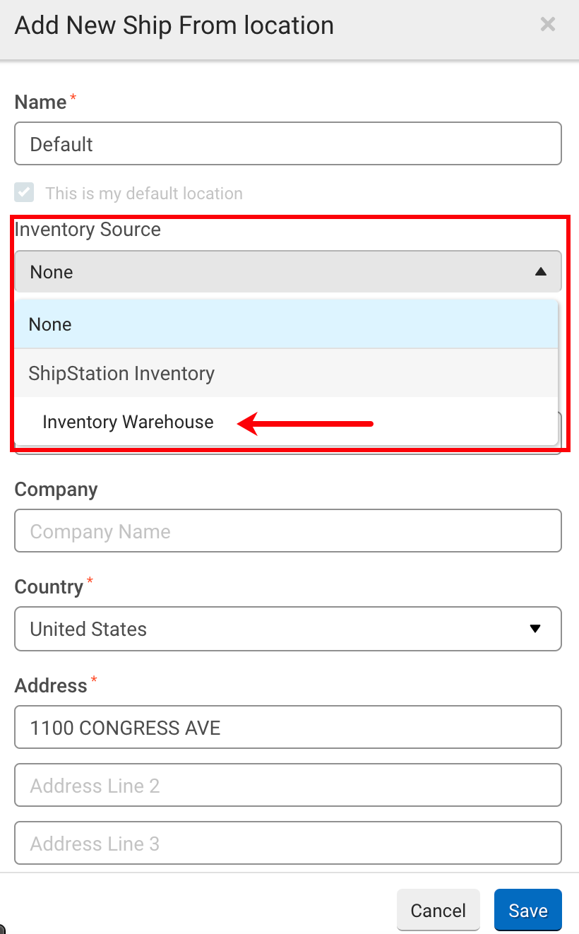 Sample Ship From Location details panel. Red box highlights Inventory Source dropdown, arrow points to location.