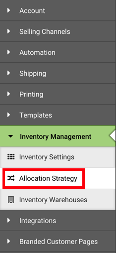 Barra lateral de configuración. Menú desplegable Gestión de inventario: el cuadro rojo resalta la opción Estrategia de asignación.