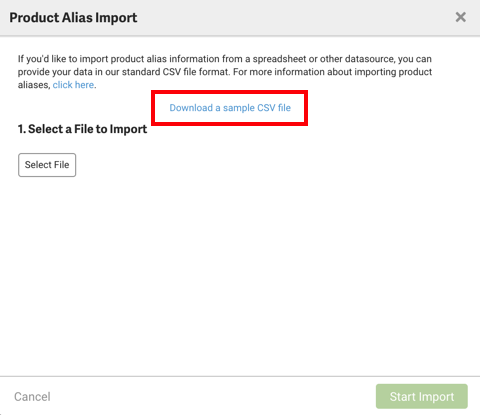 Ventana emergente de importación de alias de productos. El recuadro rojo resalta el enlace para descargar un CSV de muestra.