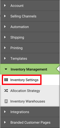 Barra lateral de configuración. Menú desplegable Gestión de inventario: el cuadro rojo resalta la opción Configuración de inventario.