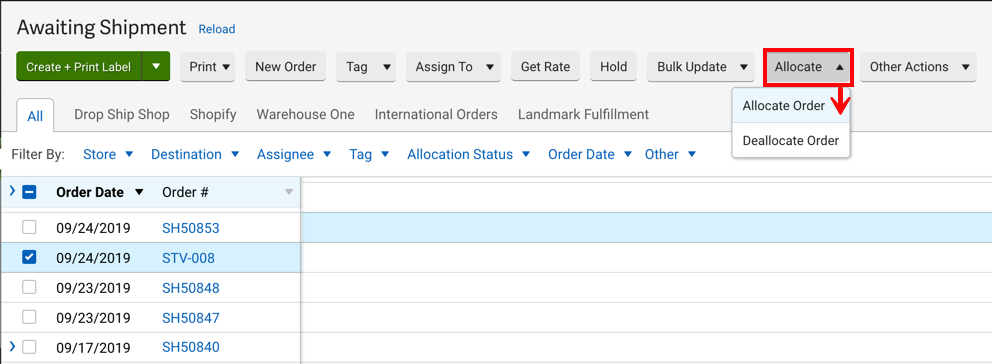 Box highlights Allocate dropdown with Allocate option