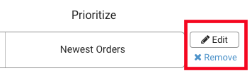 Close up of Prioritize panel for saved allocation task. Red box highlights Edit and Remove buttons.