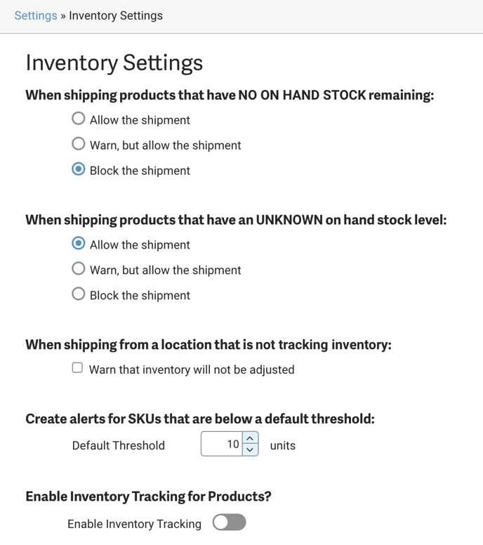 ShipStation's Inventory Settings