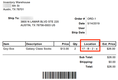 Custom packing slip with example inventory location "17-B-2-a" highlighted in Location column.