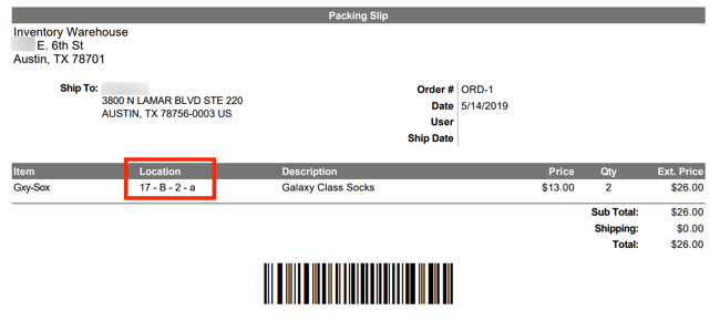 Location column highlighted in red box on example packing slip, with sample warehouse location "17-B-2-a"