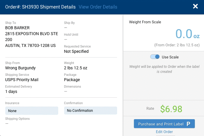 Order Details pop-up with Shipment details. Shows Weight from Scale field and respective Rate.