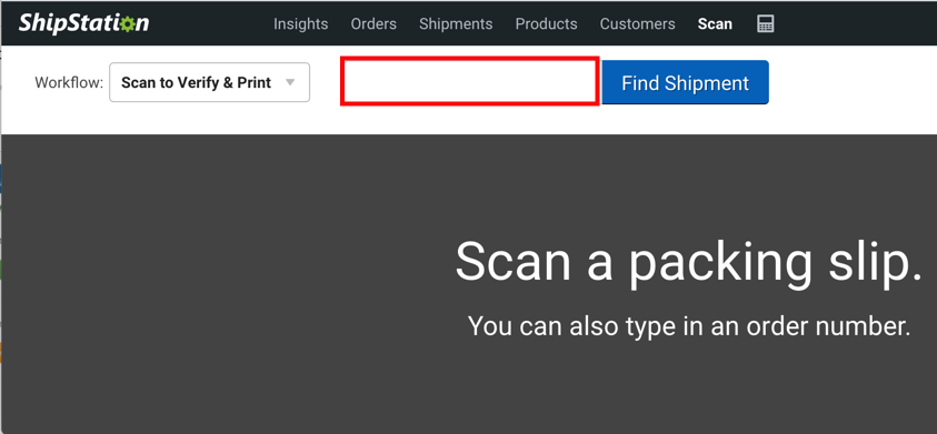 Scan page with Scan to Verify & Print selected and the Find Shipment field highlighted