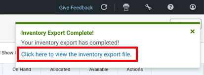 Ventana emergente de notificación de exportación de inventario con la función "Haz clic aquí" para ver el archivo de exportación de inventario resaltado.