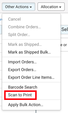 Other Actions dropdown with Scan to Print option selected