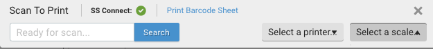 Menus for Select a Printer and Select a Scale, as well as search field, link to Print Barcode Sheet, & ShipStation Connect status