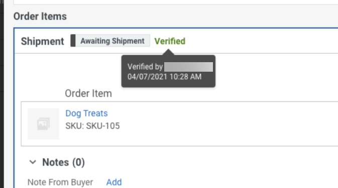 Order Details showing that the order has been verified