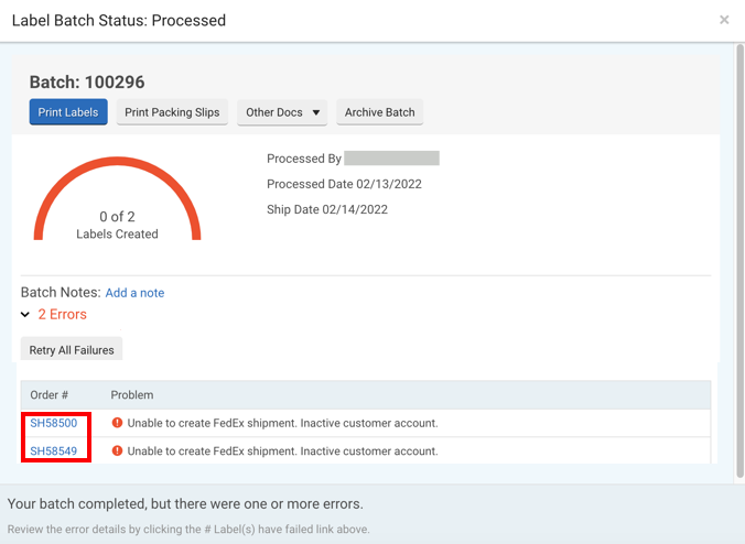 "Order Number" column highlighted in Label Batch Status: Processed window.