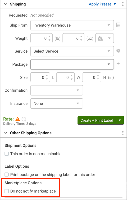 V3 shipping sidebar with the Other Shipping Options, Do not notify marketplace option highlighted.