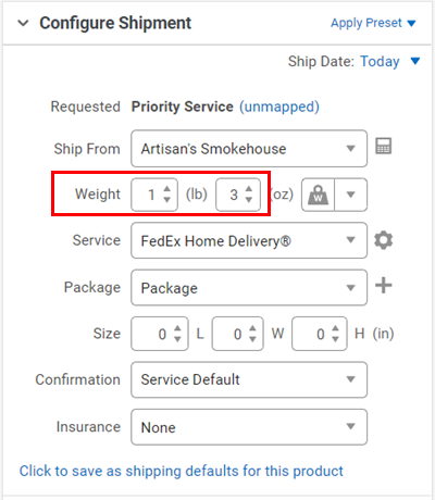 Los campos de peso en el widget Configurar envío se establecen en 1 lb y 3 oz.