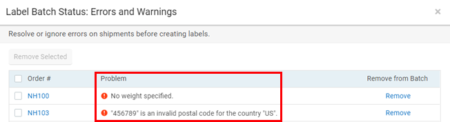 "Problem" column with errors and warnings highlighted in the Label Batch Status window.
