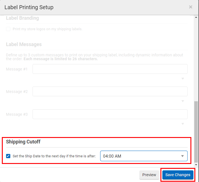 Settings: Document Options for Labels, with a red box highlighting the cutoff time.