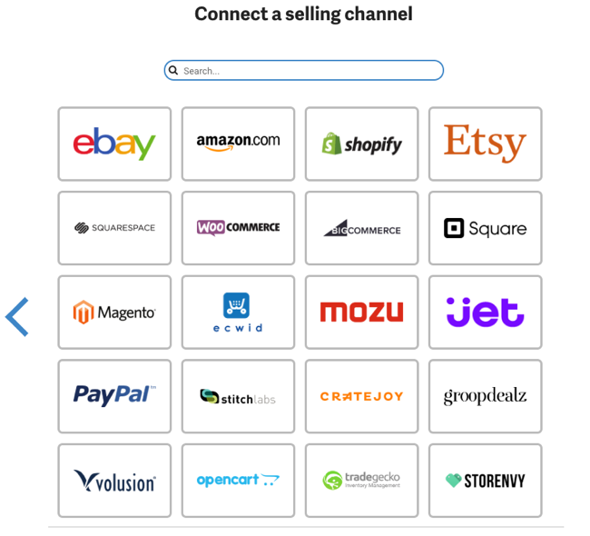 Lista de opciones de canales de ventas disponibles para conectarse a ShipStation.