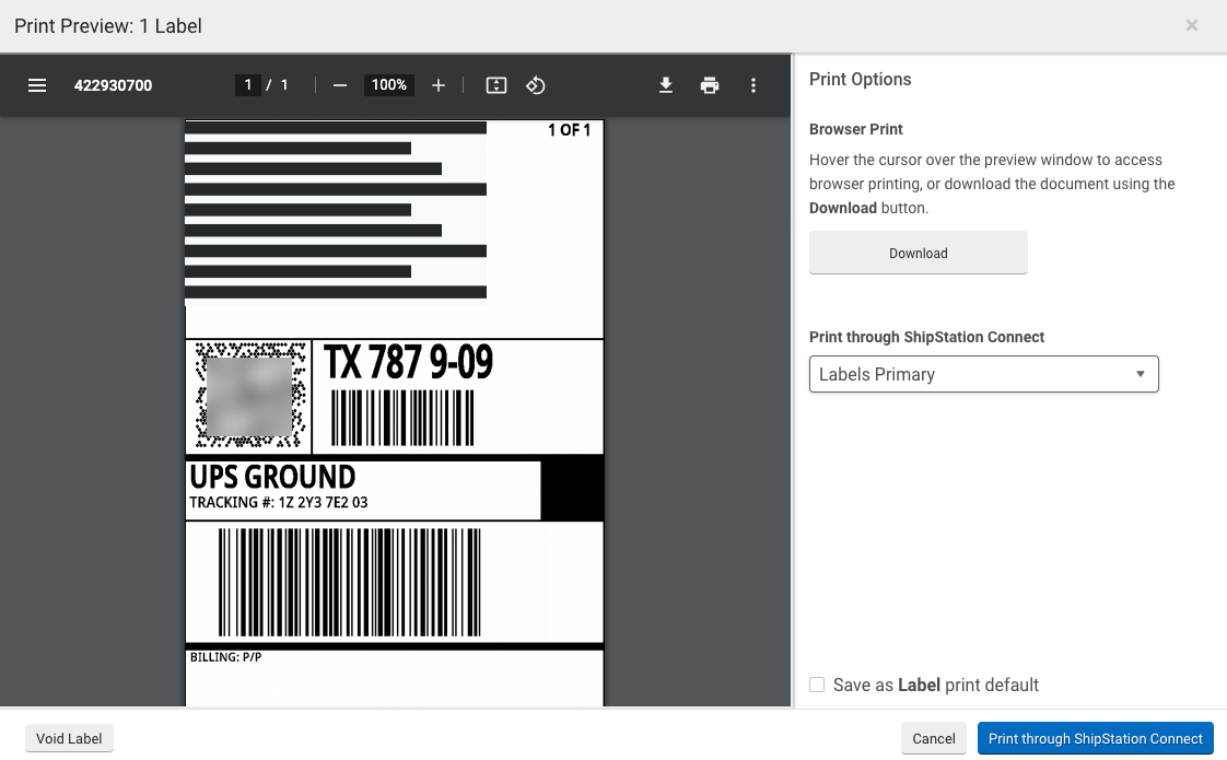 Ventana emergente Imprimir etiqueta con imagen de ejemplo de PDF de etiqueta.