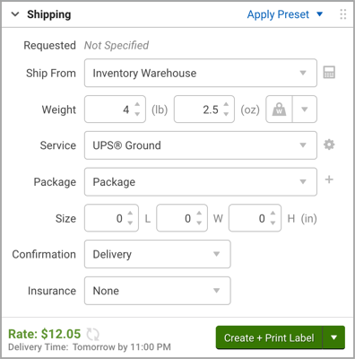 The Configure Shipment Widget with service options and a label rate