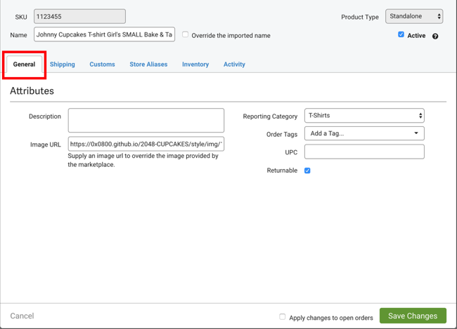 Product Details screen with the General tab open.