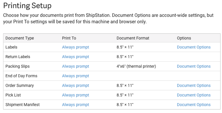 Printing Setup document options for document type, print to, document format, and other document options.